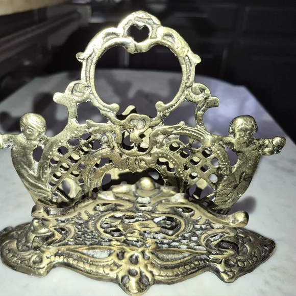 Vintage 1960s Brass Filigree Cherub Bill Letter Napkin Holder Organizer MCM - Picture 1 of 4